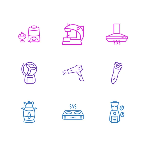 Ilustración de 9 iconos de utilidad eléctrica estilo de línea. Conjunto editable de campana de cocina, samovar eléctrico, maquinilla de afeitar eléctrica y otros elementos del icono . —  Fotos de Stock