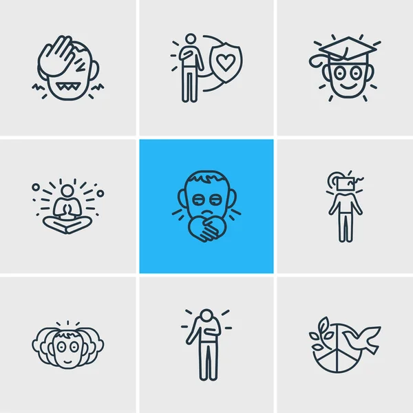 9 emoji simgesi çizim biçimi. Düzenlenebilir öğrenme seti, dış kutucuğu, kişiliği ve diğer simge ögelerini düşünün. — Stok fotoğraf