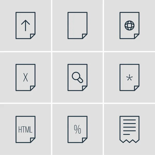 Illustration av 9 papper ikoner linje stil. Redigerbar uppsättning uppladdning, kontrakt, skadade och andra ikonelement. — Stockfoto