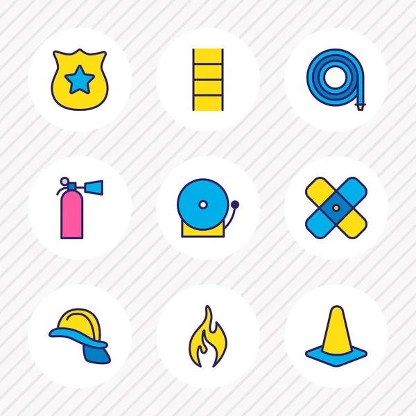 Ilustración de 9 iconos adicionales línea de color. Conjunto editable de manguera, casco, yeso y otros elementos del icono . — Foto de Stock