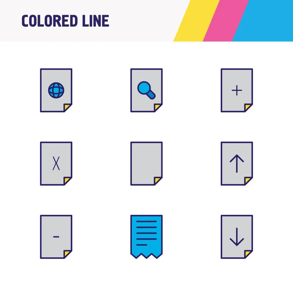 Ilustración de 9 iconos de papel línea de color. Conjunto editable de borrar archivo, magnificación, quitar archivo y otros elementos del icono . — Foto de Stock