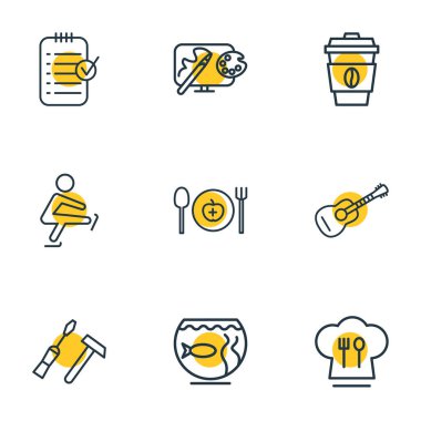 9 etkinlik simgesi satırının vektör illüstrasyonu. Düzenlenebilir marangozluk, tasarım, kahve ve diğer simge elementleri.