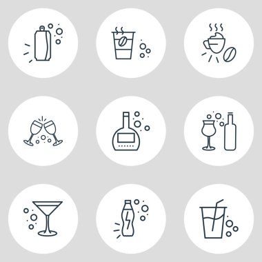 9 içki ikonu çizgisinin vektör çizimi. Düzenlenebilir tatlı şarabı, kremalı kahve, enerji içeceği şişesi ve diğer ikon elementler..