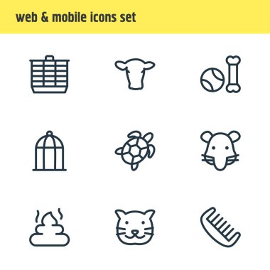 9 hayvanat bahçesi ikonu çizgi tarzının vektör çizimi. Düzenlenebilir oyuncak setleri, kaplumbağa, kuş kafesi ve diğer ikon elementler.