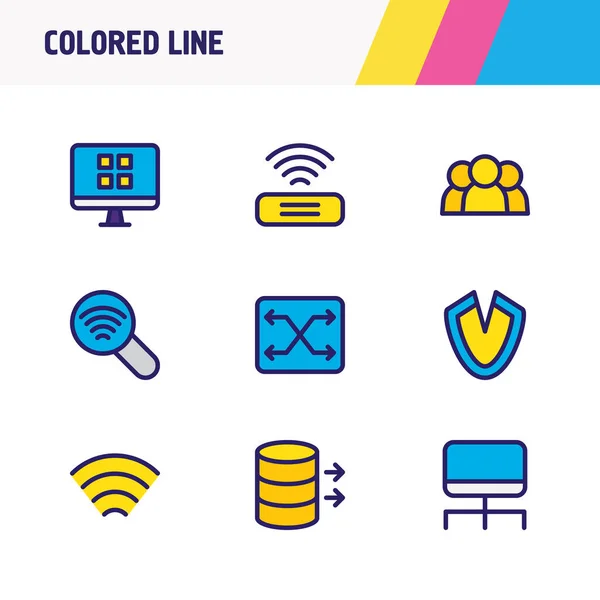 Ilustración vectorial de 9 iconos de red de línea de color. Conjunto editable de ordenador conectado, conmutador, escaneo wi-fi y otros elementos del icono . — Vector de stock