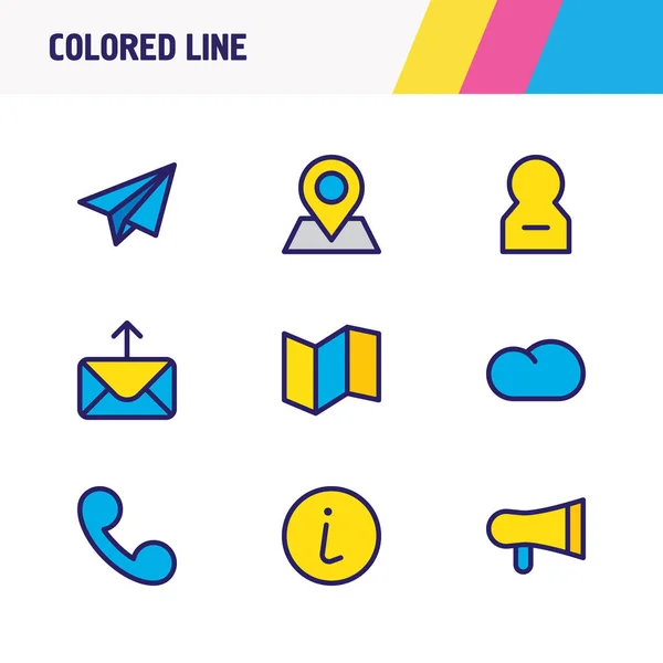 Ilustración vectorial de 9 iconos de la comunidad línea de colores. Conjunto editable de mapa, enviar correo, precisar y otros elementos del icono . — Archivo Imágenes Vectoriales