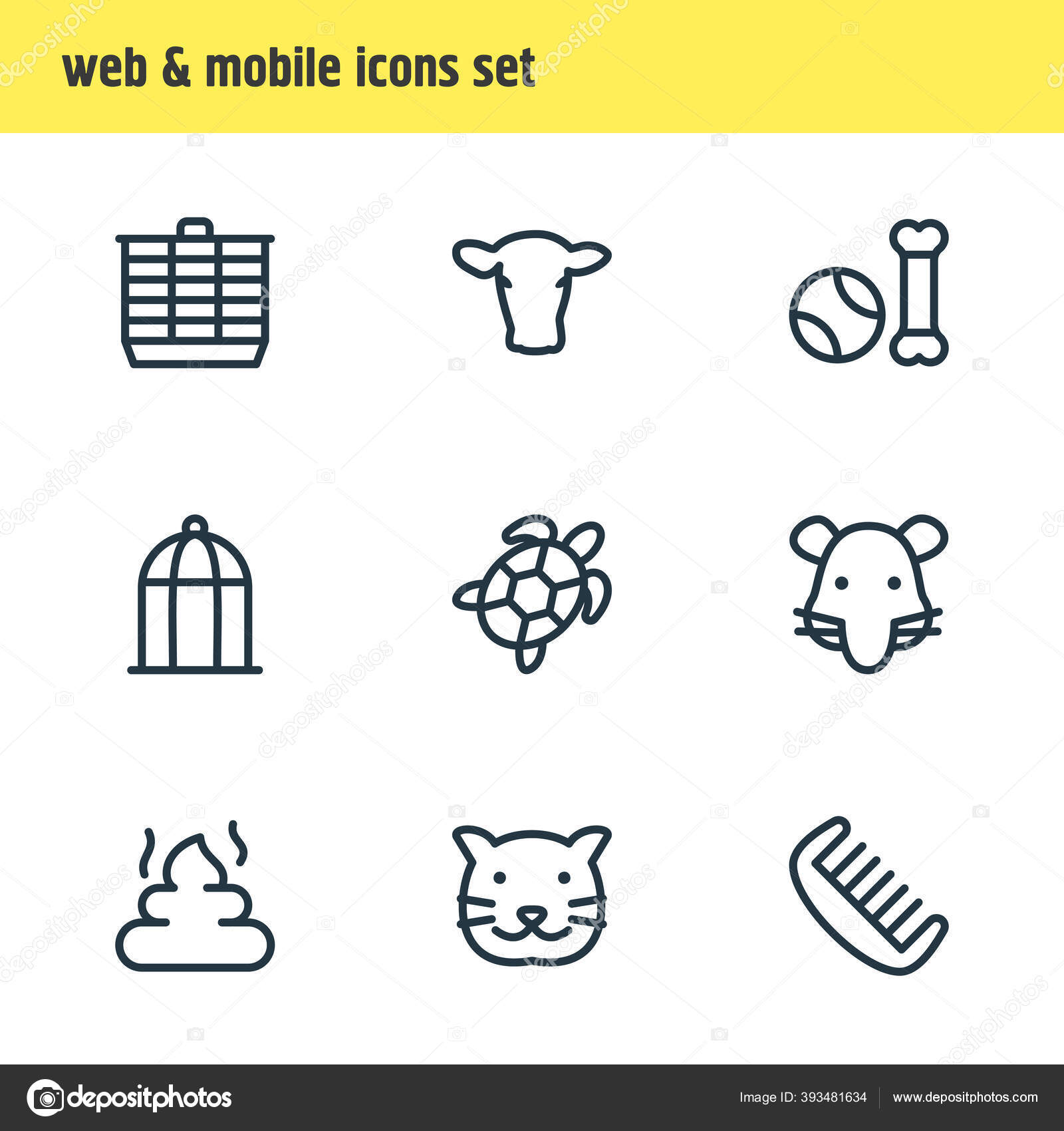 9匹のペットのアイコンラインスタイルのイラスト ペットのおもちゃ カメ 鳥かご その他のアイコン要素の編集可能なセット ストック写真 C Gwisl