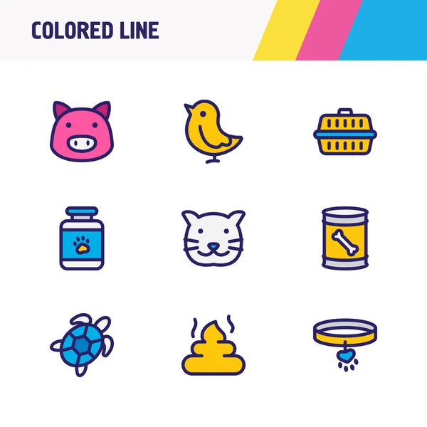 Illustration de 9 icônes de la faune ligne colorée. Ensemble modifiable de caca d'animal de compagnie, porc, médicament pour animaux de compagnie et autres éléments d'icône. — Photo