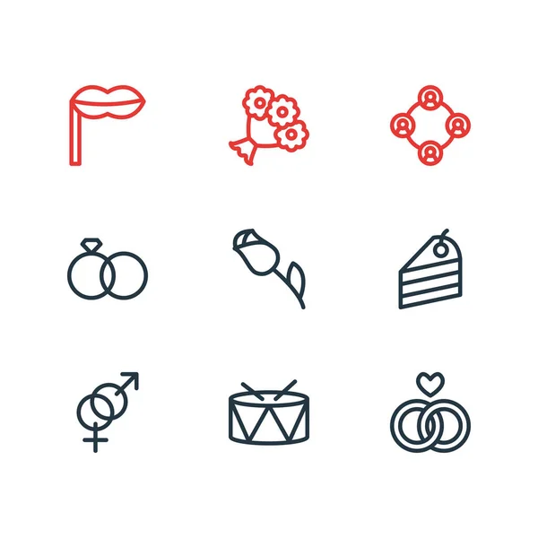 Ilustração de 9 ícones de festa estilo de linha. Conjunto editável de flores, máscaras, tambores e outros elementos de ícone . — Fotografia de Stock