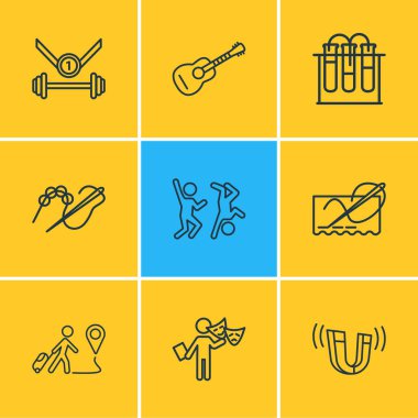 9 yaşam biçimi çizgisi biçiminin vektör çizimi. Düzenlenebilir oyunculuk, dikişler, boncuklar ve diğer simge ögeleri.