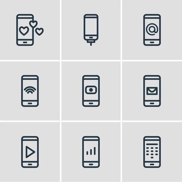 Vektor illustration av 9 telefon ikoner linje stil. Redigerbar uppsättning av kamera, meddelande, nätverk och andra ikonelement. — Stock vektor