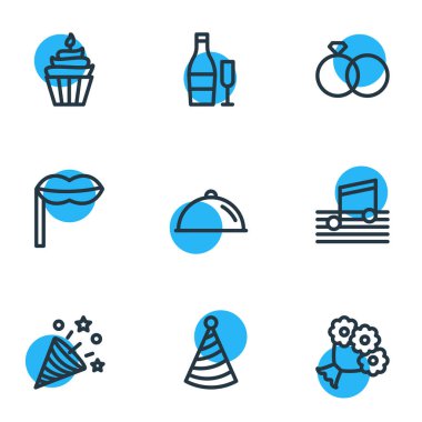 9 parti simgesi çizgisi çizimi. Düzenlenebilir müzik seti, cupcake, içecek ve diğer simge ögeleri.