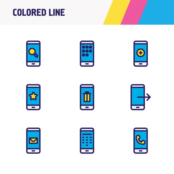 illustration of 9 telephone icons colored line. Editable set of search, trash, call and other icon elements.