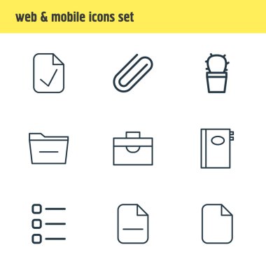9 büro simge çizgisi biçiminin vektör illüstrasyonu. Düzenlenebilir dizüstü, liste, boş ve diğer simge ögeleri.