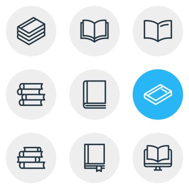 9 kitap simgesi çizgisi biçiminin vektör illüstrasyonu. Düzenlenebilir belge, defter, yayınlama ve diğer simge ögelerinin kümesi.