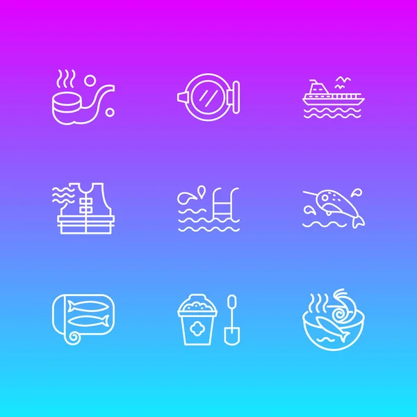 9 개의 해군 아이콘 라인의 벡터 그림. 공정 한 흡연 파이프, 구명조끼, 수영장 및 기타 아이콘 요소들의 세트. — 스톡 벡터