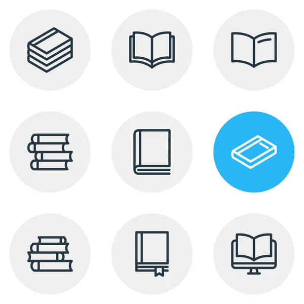 Ilustración de 9 iconos de lectura de libros estilo de línea. Conjunto editable de documentos, cuadernos, publicaciones y otros elementos de iconos. — Foto de Stock
