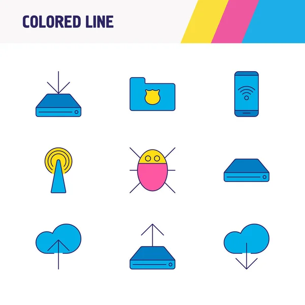 9 hálózati ikonok színes vonal illusztrációja. Feltöltés, hiba, védett mappa és egyéb ikonelemek szerkeszthető készlete. — Stock Fotó