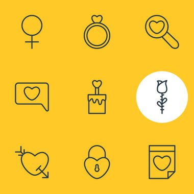 9 amour simgesi çizgi tarzının vektör çizimi. Düzenlenebilir kek, bul, dişi ve diğer simge ögeleri.