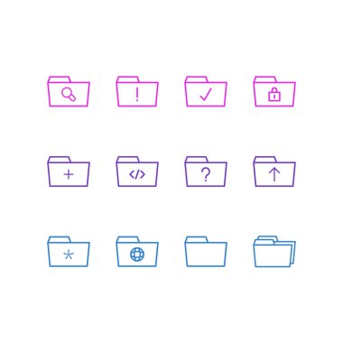 12 belge simge satırı biçiminin vektör illüstrasyonu. Gönderme, dizin, önemli ve diğer simge ögelerinin düzenlenebilir kümesi.