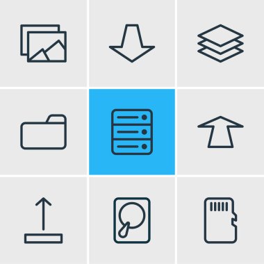 9 arşiv simgesi satır biçiminin vektör illüstrasyonu. Düzenlenebilir kategori, sd kartı, albüm ve diğer simge ögeleri kümesi.