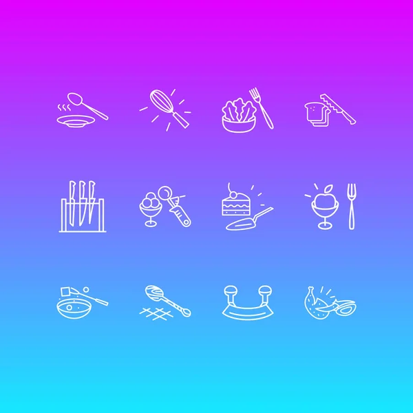 Ilustración vectorial de 12 iconos de utensilios de estilo de línea. Conjunto editable de juego de cuchillos, tenedor de ensalada, tenedor de frutas y otros elementos del icono. — Archivo Imágenes Vectoriales