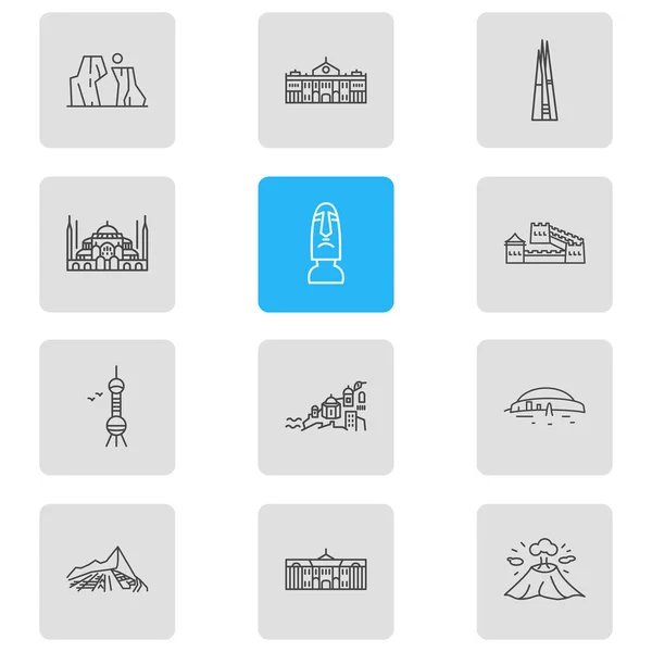 Vector illustratie van 12 geschiedenis pictogrammen lijn stijl. Bewerkbare set van santorini, newgrange, de scherf en andere icoon elementen. — Stockvector