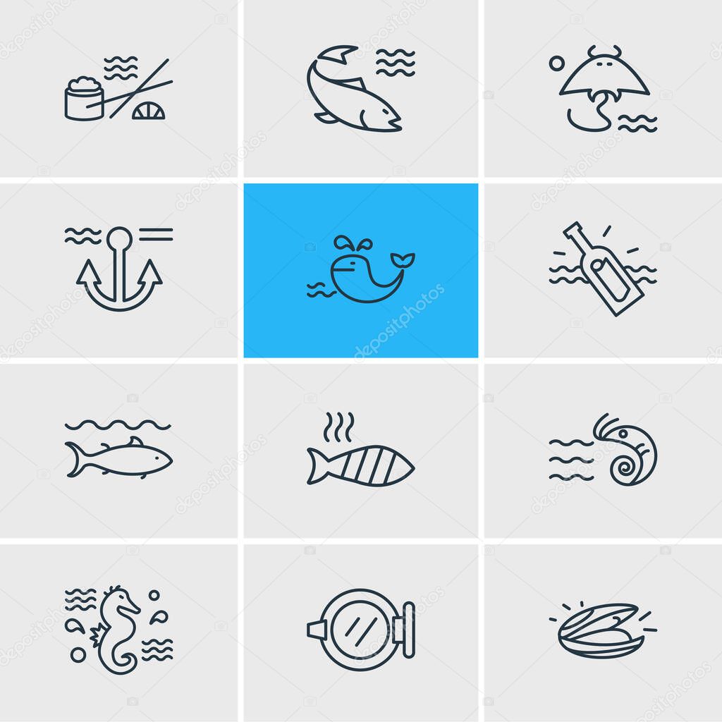 Vector illustration of 12 naval icons line style. Editable set of whale, anchor, stingray and other icon elements.