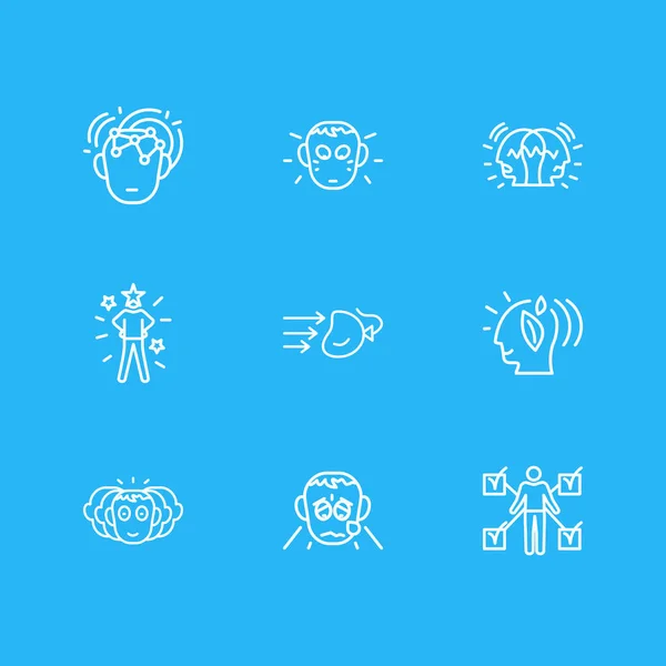 Vektor illusztrációja 9 érzelmek ikonok vonal stílusban. Szerkeszthető önbizalom, gondolkodás zöld, hatás és egyéb ikon elemek. — Stock Vector