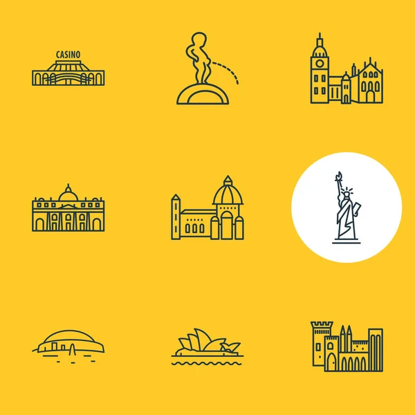 Vektor illusztrációja 9 világ mérföldkő ikonok vonal stílusban. A sydney-i operaház, a manneken pis, a virágos katedrális és más ikonelemek szerkeszthető készlete. — Stock Vector