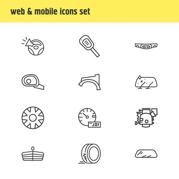 Ilustración de 12 iconos de piezas de automóviles estilo de línea. Conjunto editable de medidor de viaje del coche, neumático, carburador y otros elementos del icono. —  Fotos de Stock