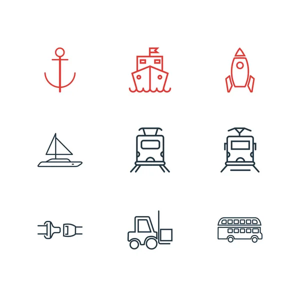 Illusztrációja 9 közlekedési ikonok vonal stílusban. Szerkeszthető villástargonca, emeletes busz, metró és egyéb ikonelemek. — Stock Fotó