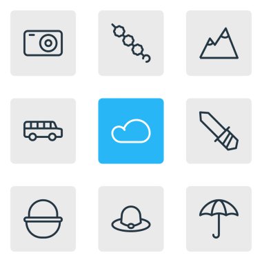 Kamp ikonu çizgisi tarzının temsili temsilcisi. Düzenlenebilir bus, bıçak, kamera ve diğer simge ögeleri kümesi.