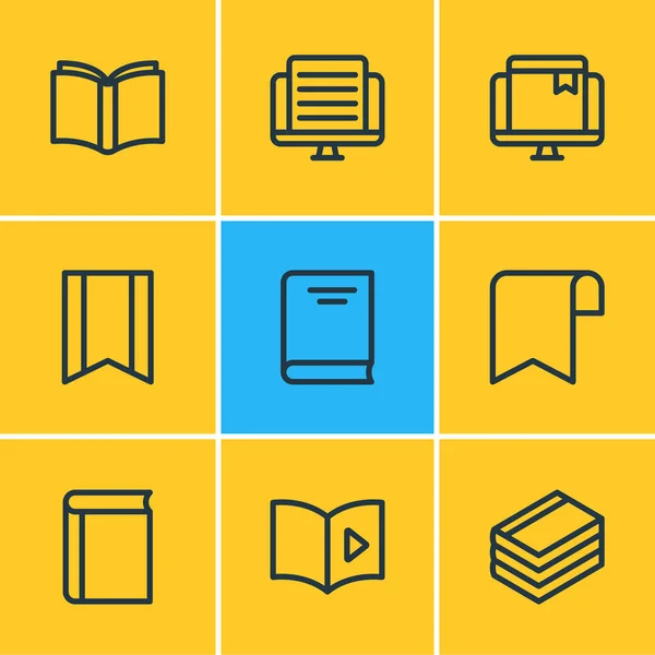 Ilustración vectorial de 9 iconos de lectura estilo línea. Conjunto editable de banner, marcador en línea, aprender y otros elementos del icono. — Vector de stock