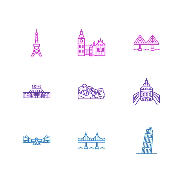 Ilustracja wektorowa 9 ikon turystycznych linii stylu. Edytowalny zestaw Mount Rushmore, wieży Tokio, uniwersytetu Oxford i innych elementów ikony. — Wektor stockowy