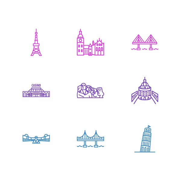 Vektor-Illustration von 9 Tourismus-Symbolen liniert Stil. Editierbares Set aus Mount Rushmore, Tokyo Tower, Oxford University und anderen Symbolelementen. — Stockvektor