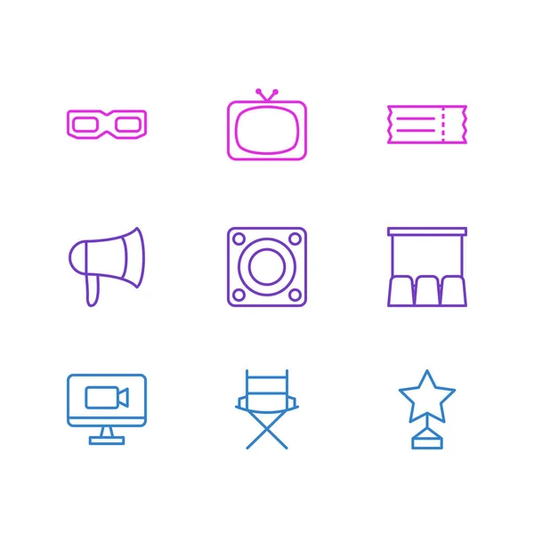 Vektorová ilustrace 9 ikon ve stylu čáry. Upravitelná sada kin, 3D brýlí, vstupenek a dalších prvků ikon. — Stockový vektor