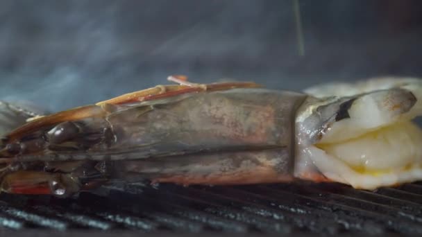 Kleště převrátí krevety, které jsou grilované s bylinkami a česnekem — Stock video