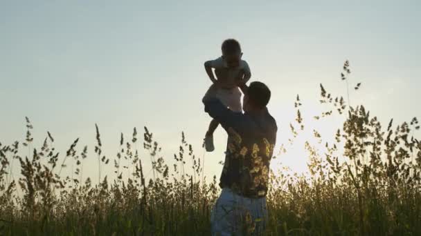 Buon padre getta e ruota tra le braccia del figlio in aria in un campo con erba alta al tramonto al rallentatore — Video Stock