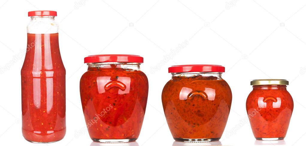 Ajvar, delicious product of roasted red pepper isoated on white background.