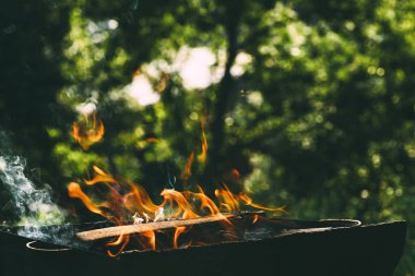 Bahçedeki yeşil yaprakların arka planında ev yapımı bir barbeküde odun yakmak. Yakacak odun, ateş ve duman yakın plan