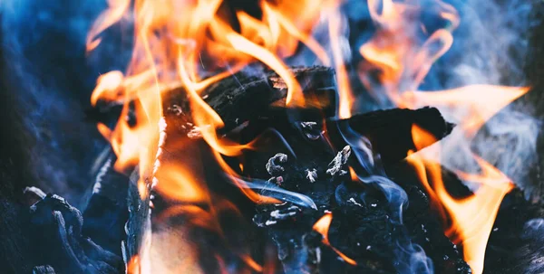 Brûler Bois Chauffage Dans Barbecue Fait Maison Sur Fond Feuillage — Photo