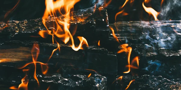 Bahçedeki yeşil yaprakların arka planında ev yapımı bir barbeküde odun yakmak. Yakacak odun, ateş ve duman yakın plan