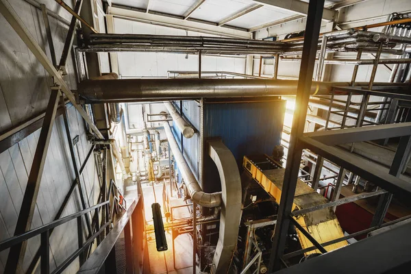 Σύγχρονο Βιομηχανικό Λεβητοστάσιο Λέβητες Βιομάζας Εγκατεστημένους Κάτοψη Σωλήνες Αγωγούς Χαλύβδινα — Φωτογραφία Αρχείου