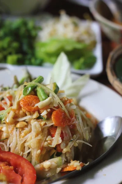 Papaya Saláta Asztalon Országos Élelmiszer Thaiföld Papaya Saláta — Stock Fotó