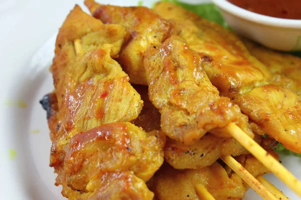 Νόστιμο Φαγητό Χοιρινό Κρέας Satay Σάλτσα Φυστίκι — Φωτογραφία Αρχείου