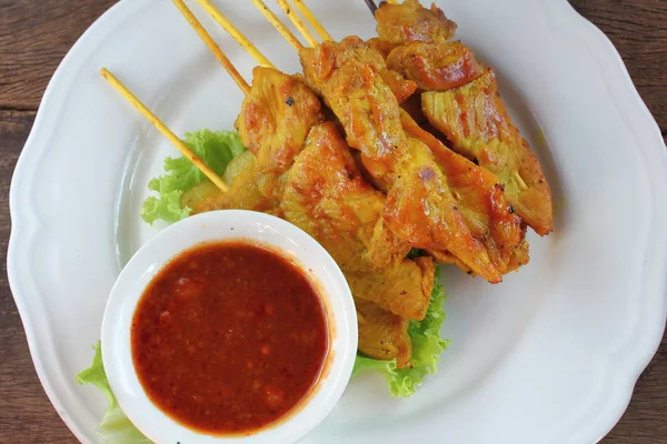 Utsökt Mat Fläskkött Satay Med Jordnöts Sås — Stockfoto