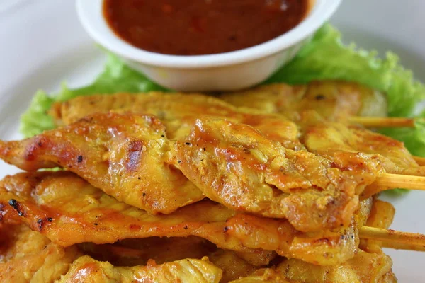 Utsökt Mat Fläskkött Satay Med Jordnöts Sås — Stockfoto