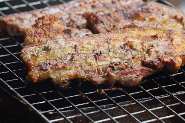 Deliciosa Comida Carne Porco Grelhando Carvão Quente Thaistyle — Fotografia de Stock