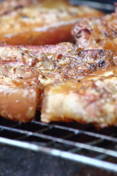 Deliciosa Comida Carne Porco Grelhando Carvão Quente Thaistyle — Fotografia de Stock